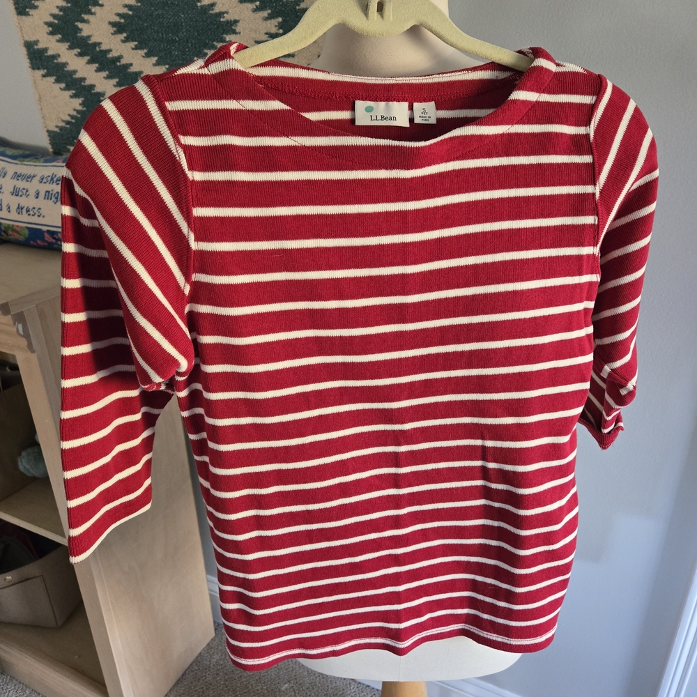 L.L. Bean Red and White Striped Shirt 3/4 Sleeve Boat Neck Size Small Petite